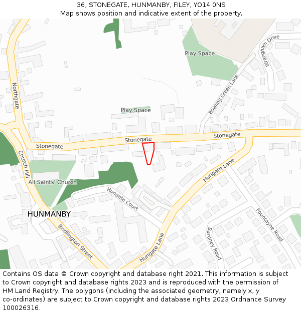 36, STONEGATE, HUNMANBY, FILEY, YO14 0NS: Location map and indicative extent of plot