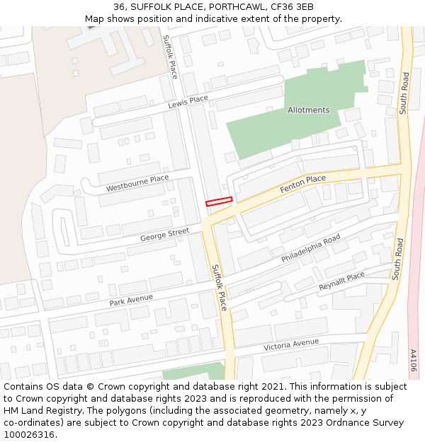 36, SUFFOLK PLACE, PORTHCAWL, CF36 3EB: Location map and indicative extent of plot