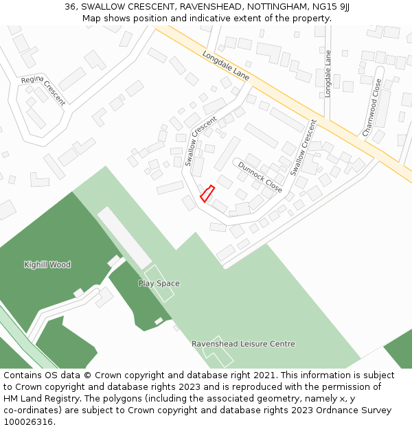 36, SWALLOW CRESCENT, RAVENSHEAD, NOTTINGHAM, NG15 9JJ: Location map and indicative extent of plot