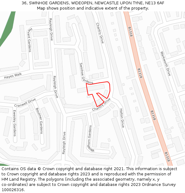 36, SWINHOE GARDENS, WIDEOPEN, NEWCASTLE UPON TYNE, NE13 6AF: Location map and indicative extent of plot