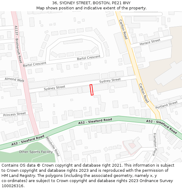 36, SYDNEY STREET, BOSTON, PE21 8NY: Location map and indicative extent of plot