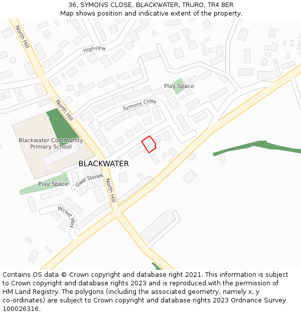 36, SYMONS CLOSE, BLACKWATER, TRURO, TR4 8ER: Location map and indicative extent of plot