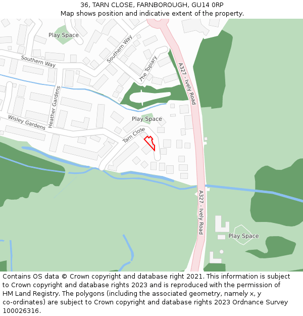36, TARN CLOSE, FARNBOROUGH, GU14 0RP: Location map and indicative extent of plot