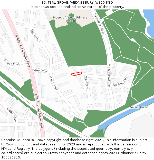 36, TEAL GROVE, WEDNESBURY, WS10 8GD: Location map and indicative extent of plot