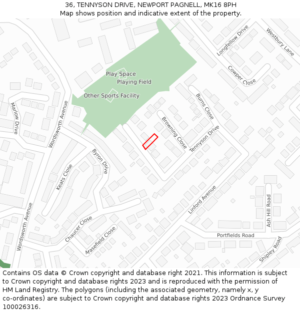 36, TENNYSON DRIVE, NEWPORT PAGNELL, MK16 8PH: Location map and indicative extent of plot