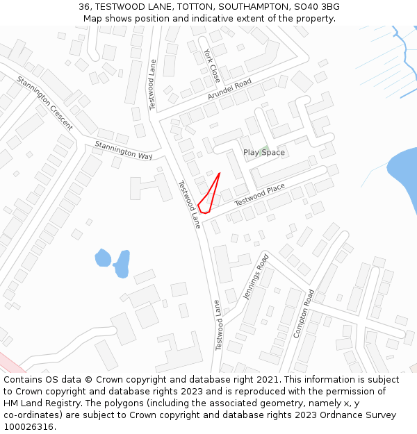 36, TESTWOOD LANE, TOTTON, SOUTHAMPTON, SO40 3BG: Location map and indicative extent of plot