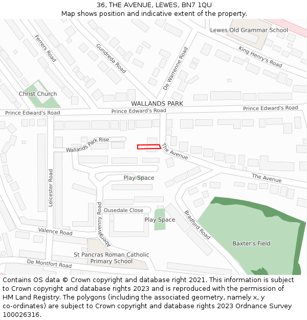 36, THE AVENUE, LEWES, BN7 1QU: Location map and indicative extent of plot