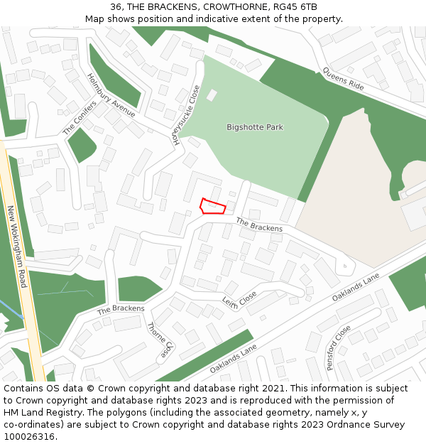 36, THE BRACKENS, CROWTHORNE, RG45 6TB: Location map and indicative extent of plot