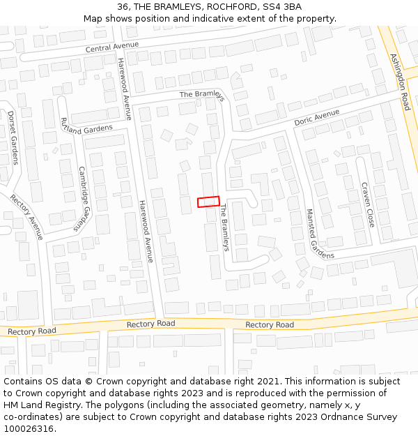 36, THE BRAMLEYS, ROCHFORD, SS4 3BA: Location map and indicative extent of plot