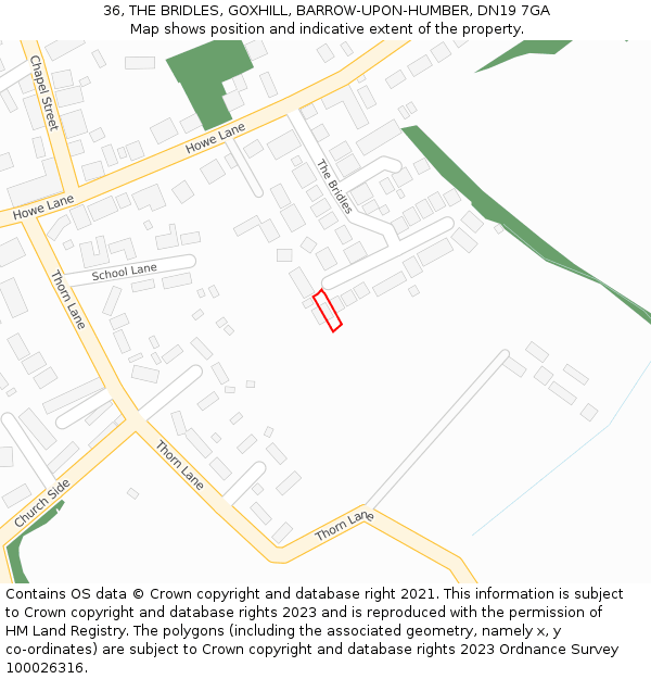 36, THE BRIDLES, GOXHILL, BARROW-UPON-HUMBER, DN19 7GA: Location map and indicative extent of plot