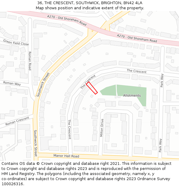 36, THE CRESCENT, SOUTHWICK, BRIGHTON, BN42 4LA: Location map and indicative extent of plot