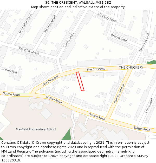 36, THE CRESCENT, WALSALL, WS1 2BZ: Location map and indicative extent of plot