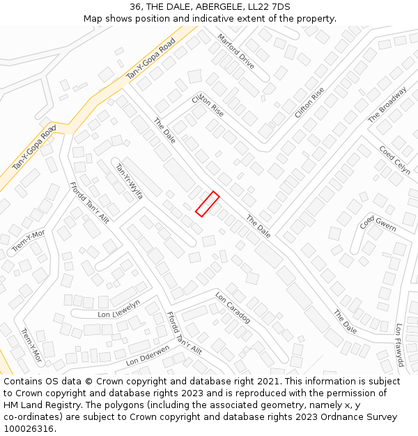 36, THE DALE, ABERGELE, LL22 7DS: Location map and indicative extent of plot