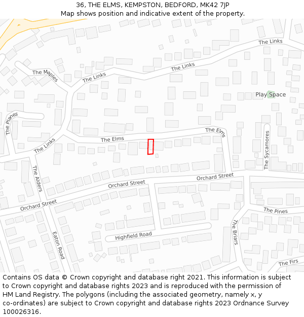 36, THE ELMS, KEMPSTON, BEDFORD, MK42 7JP: Location map and indicative extent of plot