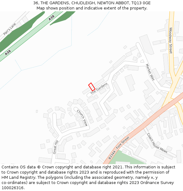 36, THE GARDENS, CHUDLEIGH, NEWTON ABBOT, TQ13 0GE: Location map and indicative extent of plot