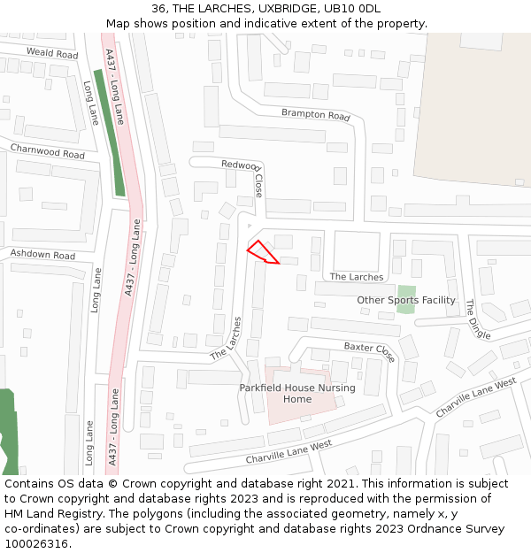 36, THE LARCHES, UXBRIDGE, UB10 0DL: Location map and indicative extent of plot