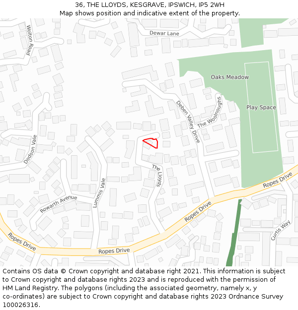 36, THE LLOYDS, KESGRAVE, IPSWICH, IP5 2WH: Location map and indicative extent of plot