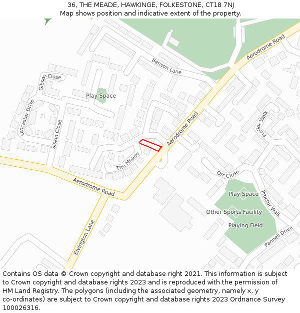 36, THE MEADE, HAWKINGE, FOLKESTONE, CT18 7NJ: Location map and indicative extent of plot