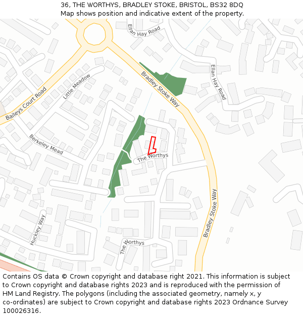 36, THE WORTHYS, BRADLEY STOKE, BRISTOL, BS32 8DQ: Location map and indicative extent of plot