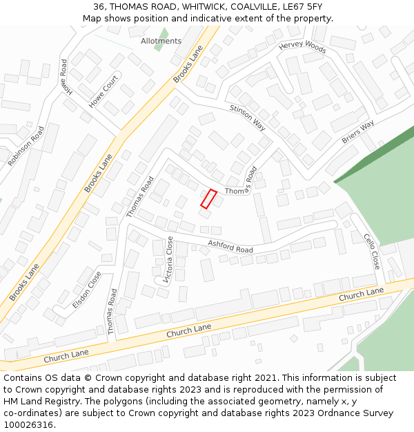 36, THOMAS ROAD, WHITWICK, COALVILLE, LE67 5FY: Location map and indicative extent of plot