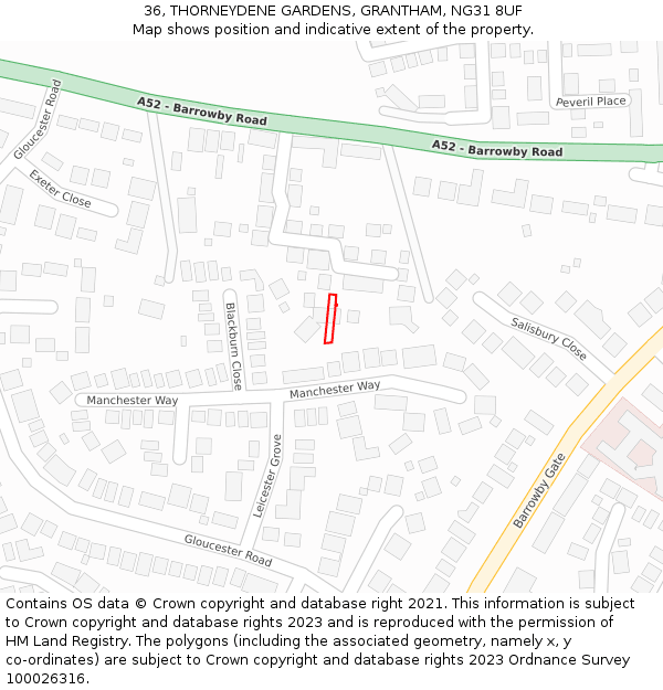 36, THORNEYDENE GARDENS, GRANTHAM, NG31 8UF: Location map and indicative extent of plot