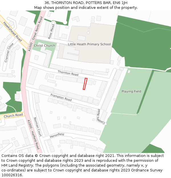 36, THORNTON ROAD, POTTERS BAR, EN6 1JH: Location map and indicative extent of plot