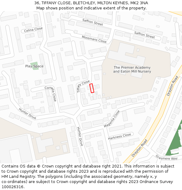 36, TIFFANY CLOSE, BLETCHLEY, MILTON KEYNES, MK2 3NA: Location map and indicative extent of plot