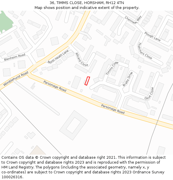 36, TIMMS CLOSE, HORSHAM, RH12 4TN: Location map and indicative extent of plot