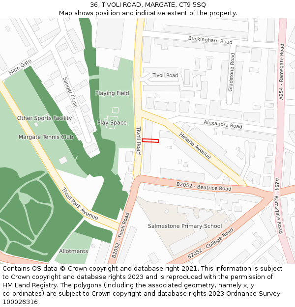 36, TIVOLI ROAD, MARGATE, CT9 5SQ: Location map and indicative extent of plot