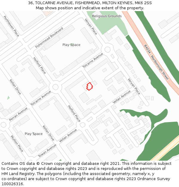 36, TOLCARNE AVENUE, FISHERMEAD, MILTON KEYNES, MK6 2SS: Location map and indicative extent of plot