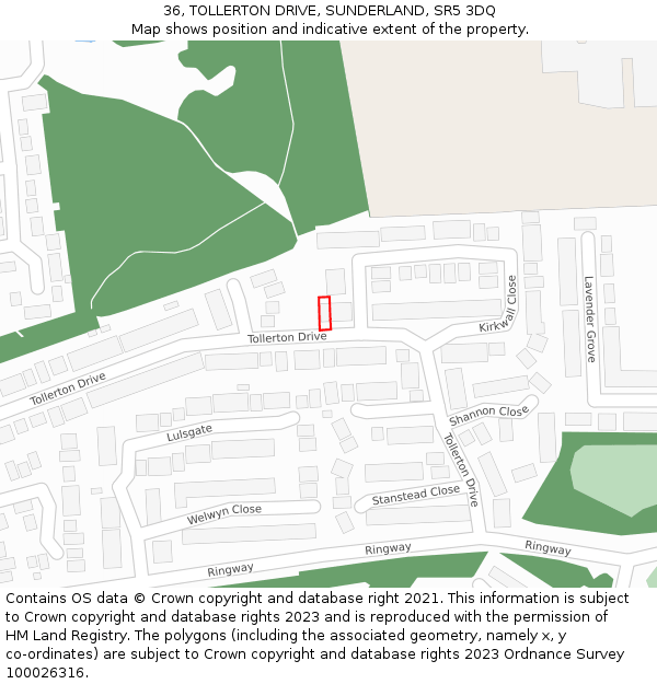 36, TOLLERTON DRIVE, SUNDERLAND, SR5 3DQ: Location map and indicative extent of plot