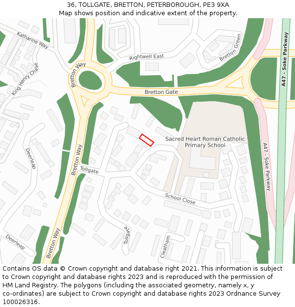 36, TOLLGATE, BRETTON, PETERBOROUGH, PE3 9XA: Location map and indicative extent of plot