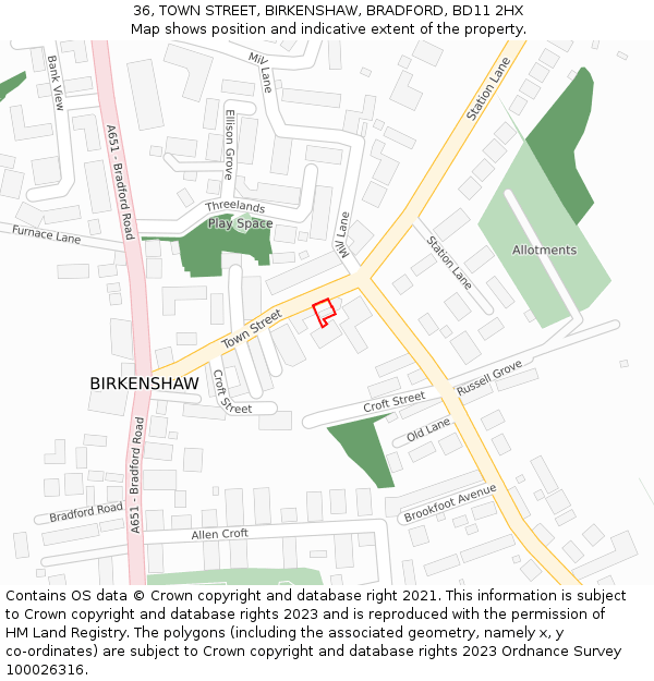 36, TOWN STREET, BIRKENSHAW, BRADFORD, BD11 2HX: Location map and indicative extent of plot
