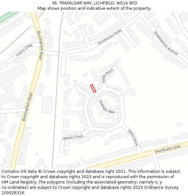 36, TRAFALGAR WAY, LICHFIELD, WS14 9FD: Location map and indicative extent of plot