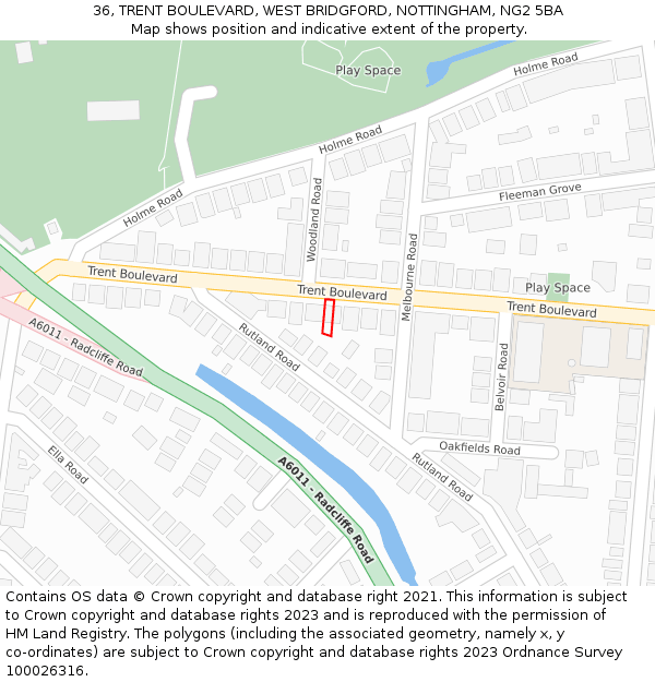 36, TRENT BOULEVARD, WEST BRIDGFORD, NOTTINGHAM, NG2 5BA: Location map and indicative extent of plot