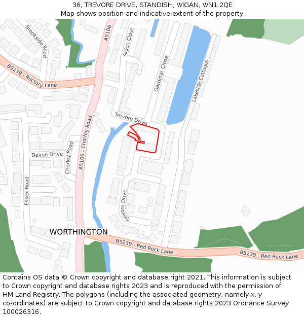 36, TREVORE DRIVE, STANDISH, WIGAN, WN1 2QE: Location map and indicative extent of plot