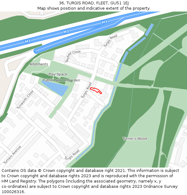 36, TURGIS ROAD, FLEET, GU51 1EJ: Location map and indicative extent of plot