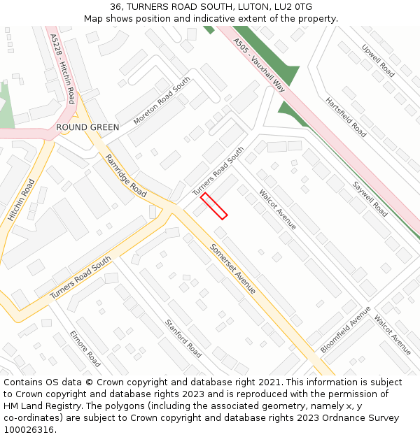 36, TURNERS ROAD SOUTH, LUTON, LU2 0TG: Location map and indicative extent of plot