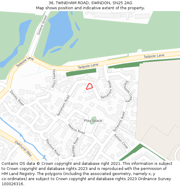 36, TWINEHAM ROAD, SWINDON, SN25 2AG: Location map and indicative extent of plot