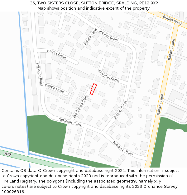 36, TWO SISTERS CLOSE, SUTTON BRIDGE, SPALDING, PE12 9XP: Location map and indicative extent of plot