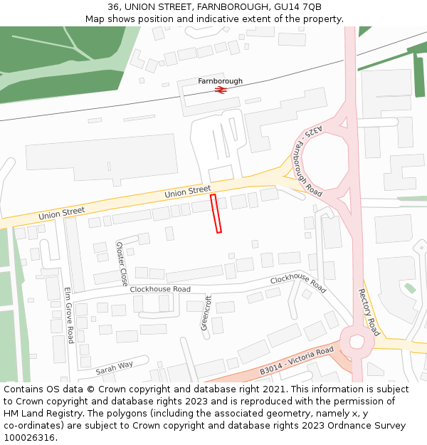 36, UNION STREET, FARNBOROUGH, GU14 7QB: Location map and indicative extent of plot