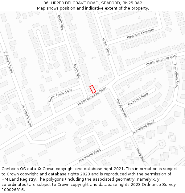 36, UPPER BELGRAVE ROAD, SEAFORD, BN25 3AP: Location map and indicative extent of plot