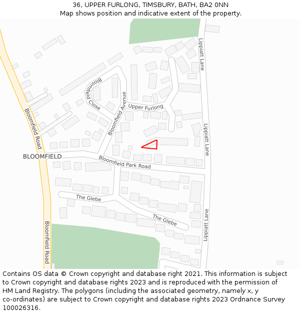 36, UPPER FURLONG, TIMSBURY, BATH, BA2 0NN: Location map and indicative extent of plot