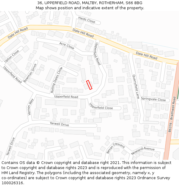 36, UPPERFIELD ROAD, MALTBY, ROTHERHAM, S66 8BG: Location map and indicative extent of plot