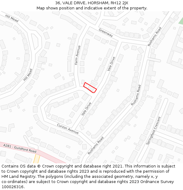 36, VALE DRIVE, HORSHAM, RH12 2JX: Location map and indicative extent of plot