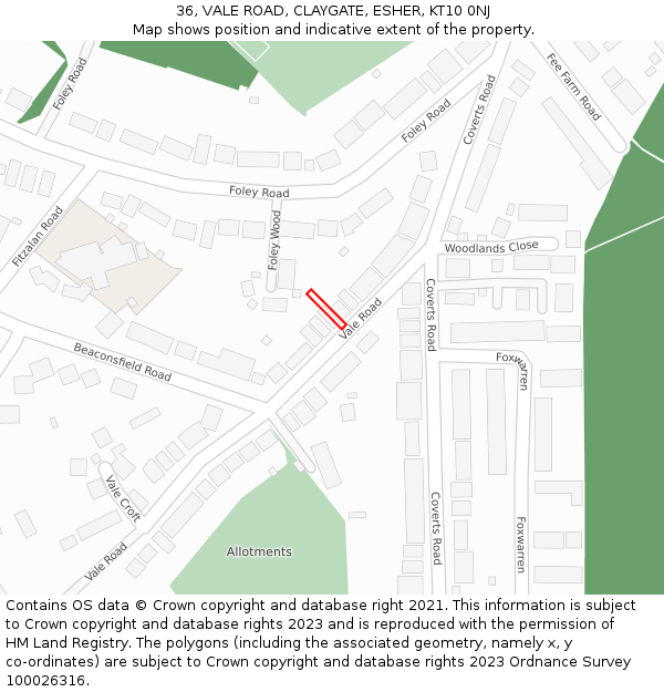 36, VALE ROAD, CLAYGATE, ESHER, KT10 0NJ: Location map and indicative extent of plot