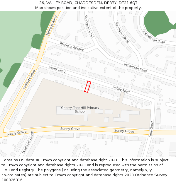 36, VALLEY ROAD, CHADDESDEN, DERBY, DE21 6QT: Location map and indicative extent of plot