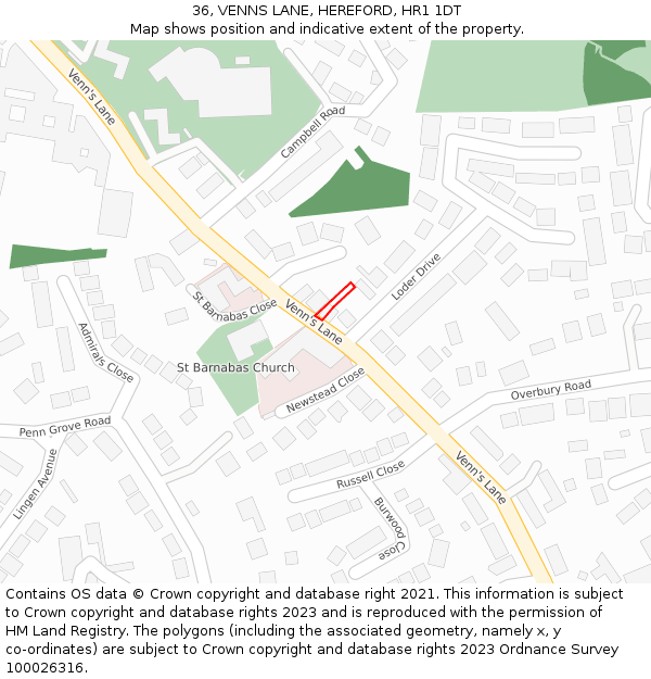 36, VENNS LANE, HEREFORD, HR1 1DT: Location map and indicative extent of plot