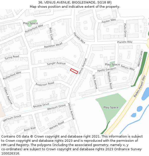 36, VENUS AVENUE, BIGGLESWADE, SG18 8FJ: Location map and indicative extent of plot