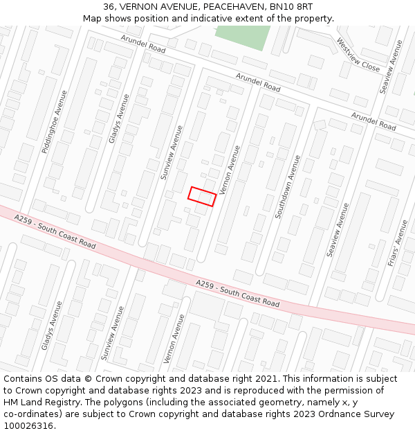 36, VERNON AVENUE, PEACEHAVEN, BN10 8RT: Location map and indicative extent of plot